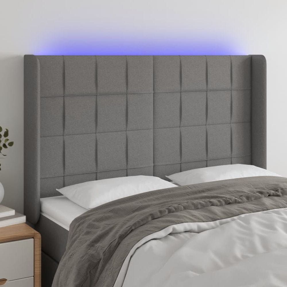 Vidaxl Čelo postele s LED tmavosivé 147x16x118/128 cm látka
